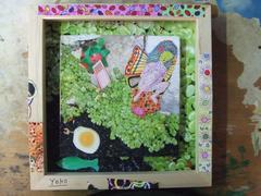 [緑の果て] - 伊藤 洋子の美術 コラージュ date : 2007/02 SM (22.7 * 15.8 cm) カラーコピーの写真、カラーコピーの自作絵、木枠