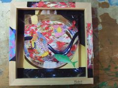 [赤いからだ II] - 伊藤 洋子の美術 コラージュ date : 2007/02 SM (22.7 * 15.8 cm) カラーコピーの写真、カラーコピーの自作絵、木枠